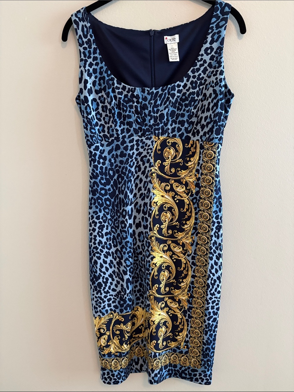 Cache Blue Leopard Print Sheath Dress with Gold Baroque Trim